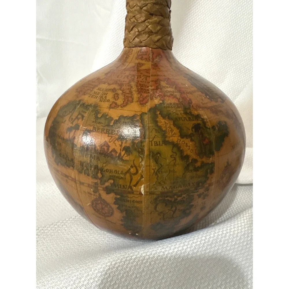 VTG 1960s Italian Old World Map Glass Decanter Nautical Wood Stopper Brown